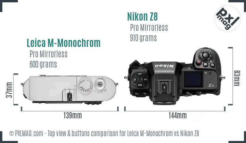 Leica M-Monochrom vs Nikon Z8 top view buttons comparison