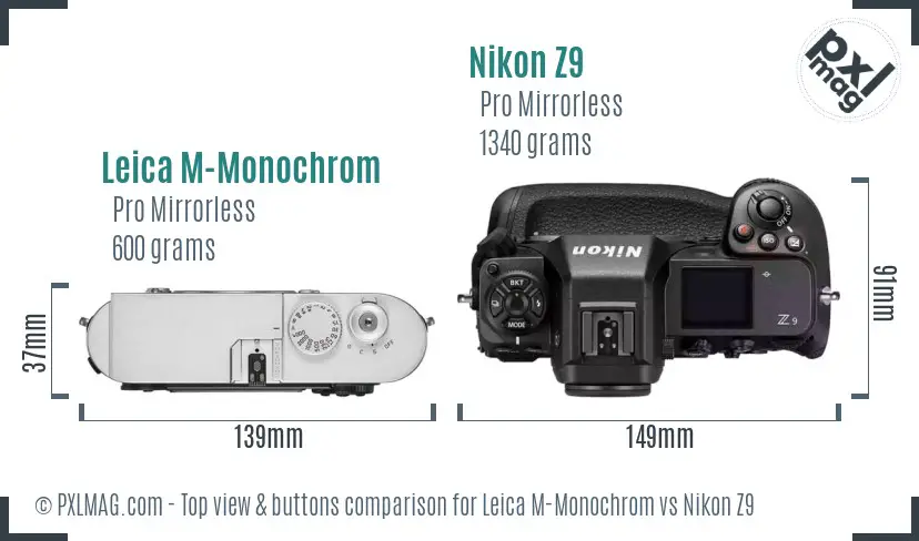 Leica M-Monochrom vs Nikon Z9 top view buttons comparison