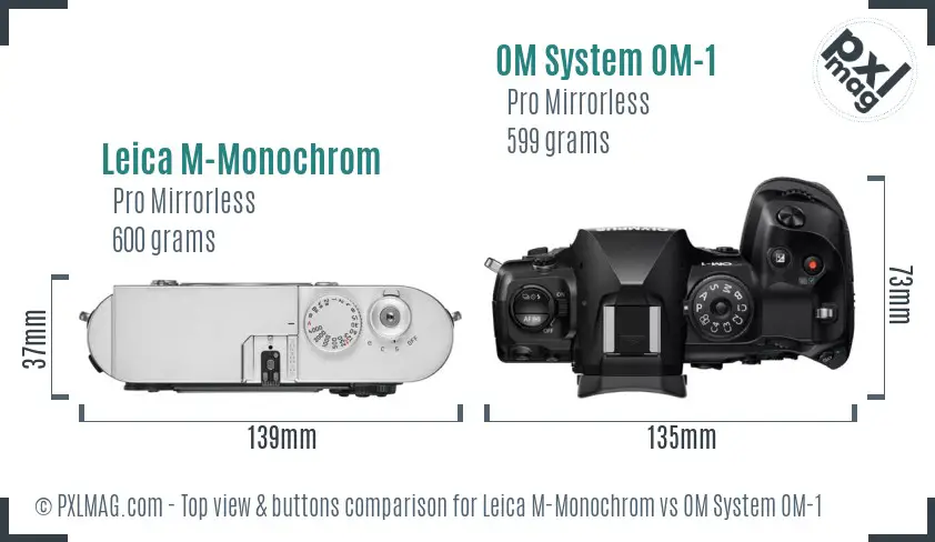 Leica M-Monochrom vs OM System OM-1 top view buttons comparison Leica M-Monochrom vs OM System OM-1 top view buttons comparison