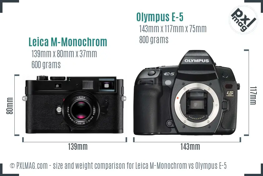 Leica M-Monochrom vs Olympus E-5 size comparison