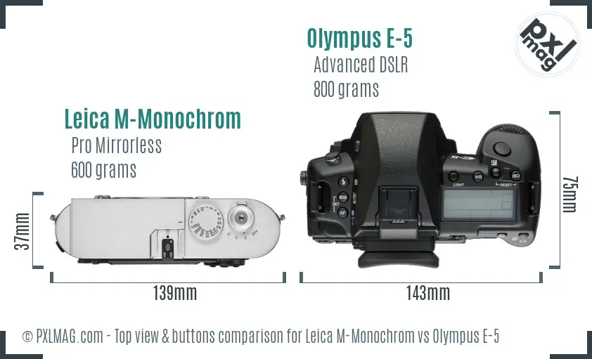 Leica M-Monochrom vs Olympus E-5 top view buttons comparison