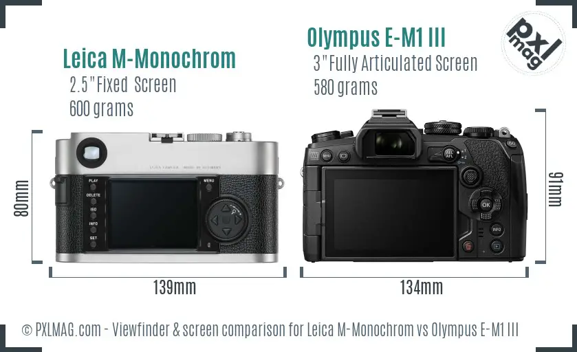 Leica M-Monochrom vs Olympus E-M1 III Screen and Viewfinder comparison