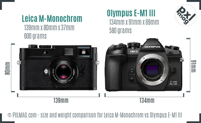 Leica M-Monochrom vs Olympus E-M1 III size comparison