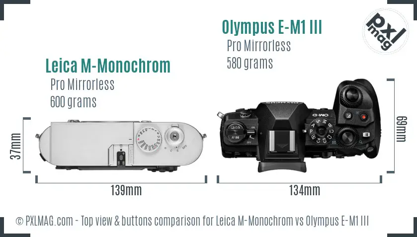 Leica M-Monochrom vs Olympus E-M1 III top view buttons comparison