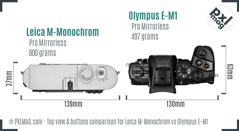 Leica M-Monochrom vs Olympus E-M1 top view buttons comparison