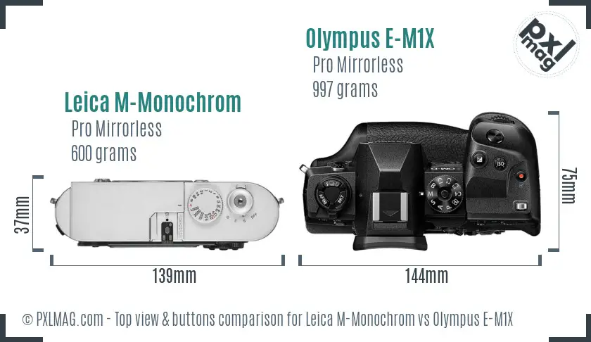 Leica M-Monochrom vs Olympus E-M1X top view buttons comparison
