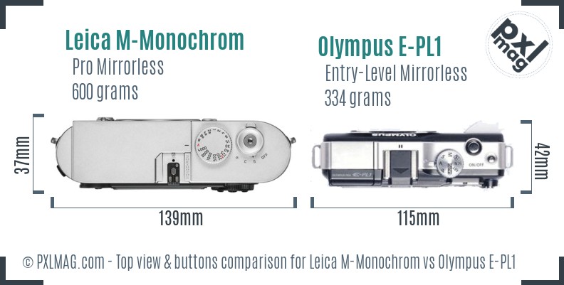 Leica M-Monochrom vs Olympus E-PL1 top view buttons comparison