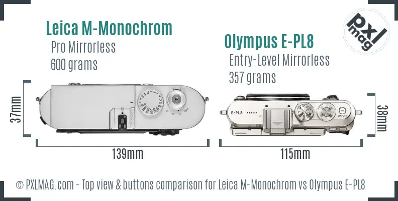 Leica M-Monochrom vs Olympus E-PL8 top view buttons comparison Leica M-Monochrom vs Olympus E-PL8 top view buttons comparison