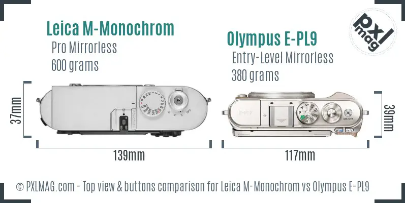 Leica M-Monochrom vs Olympus E-PL9 top view buttons comparison Leica M-Monochrom vs Olympus E-PL9 top view buttons comparison