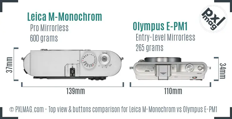 Leica M-Monochrom vs Olympus E-PM1 top view buttons comparison