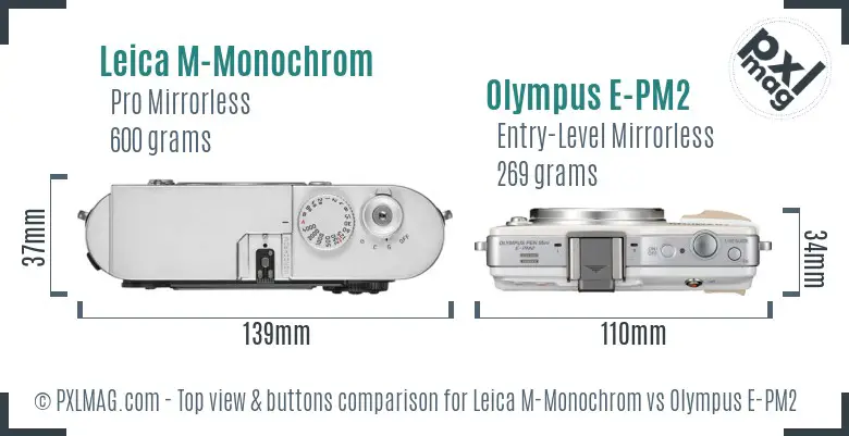Leica M-Monochrom vs Olympus E-PM2 top view buttons comparison