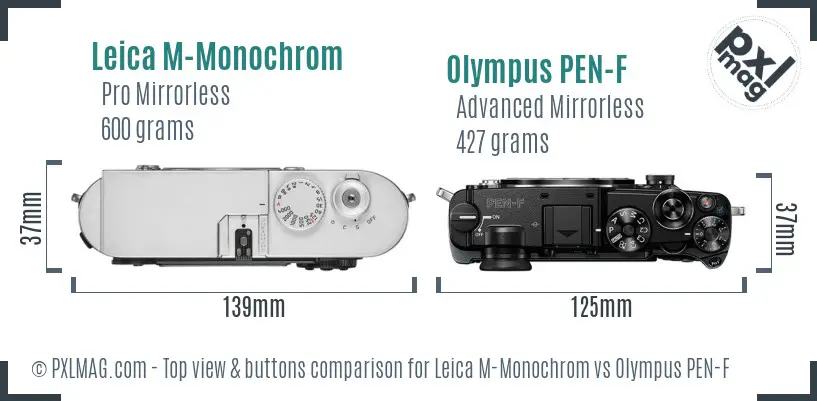 Leica M-Monochrom vs Olympus PEN-F top view buttons comparison