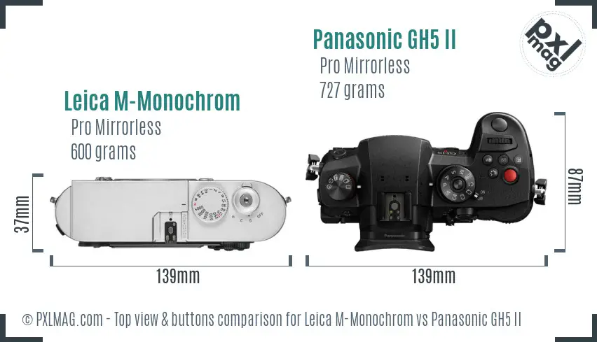 Leica M-Monochrom vs Panasonic GH5 II top view buttons comparison Leica M-Monochrom vs Panasonic GH5 II top view buttons comparison