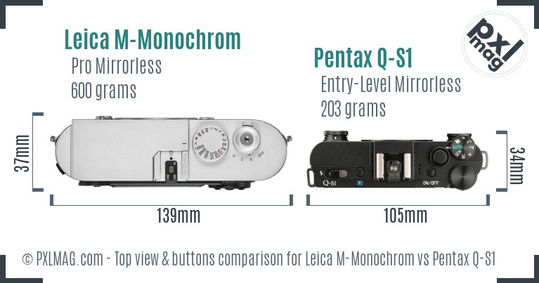 Leica M-Monochrom vs Pentax Q-S1 top view buttons comparison