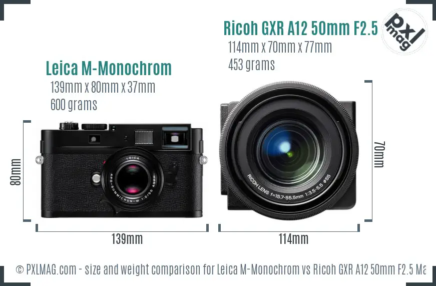 Leica M-Monochrom vs Ricoh GXR A12 50mm F2.5 Macro size comparison