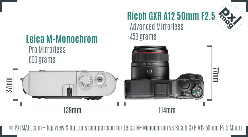 Leica M-Monochrom vs Ricoh GXR A12 50mm F2.5 Macro top view buttons comparison