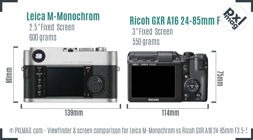 Leica M-Monochrom vs Ricoh GXR A16 24-85mm F3.5-5.5 Screen and Viewfinder comparison