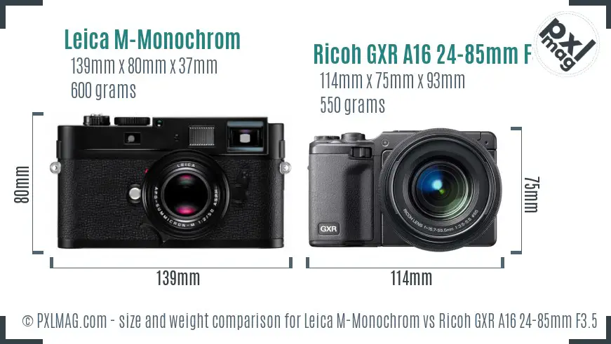 Leica M-Monochrom vs Ricoh GXR A16 24-85mm F3.5-5.5 size comparison