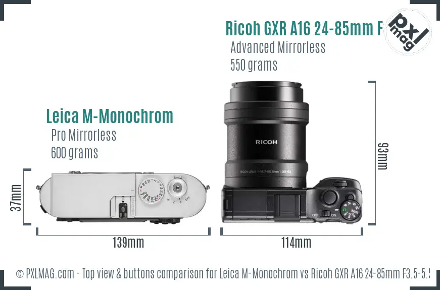 Leica M-Monochrom vs Ricoh GXR A16 24-85mm F3.5-5.5 top view buttons comparison