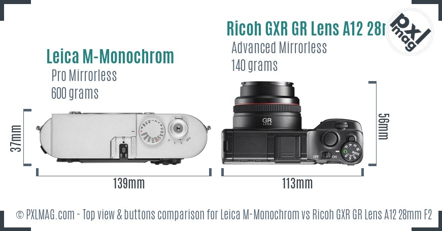 Leica M-Monochrom vs Ricoh GXR GR Lens A12 28mm F2.5 top view buttons comparison