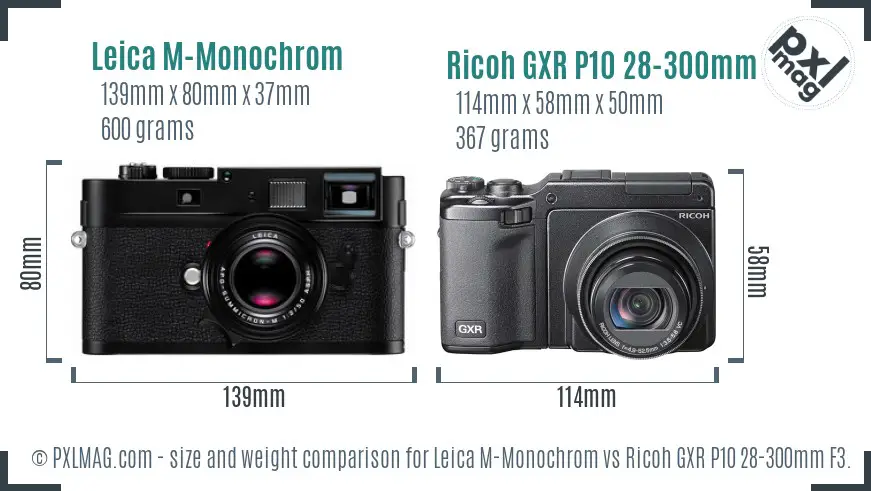 Leica M-Monochrom vs Ricoh GXR P10 28-300mm F3.5-5.6 VC size comparison