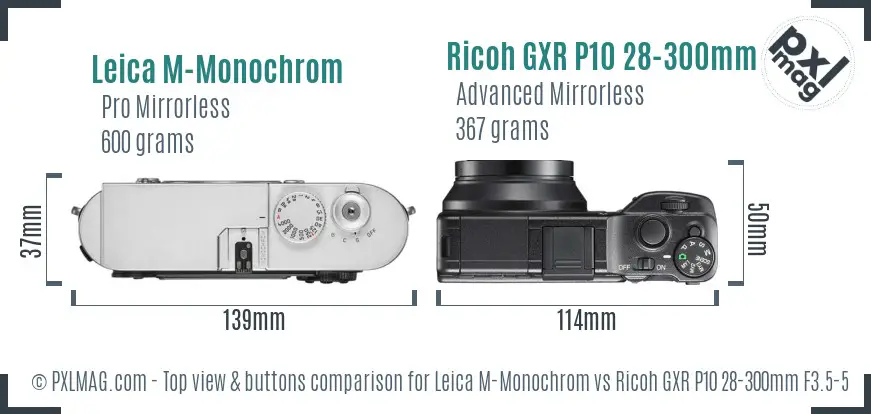 Leica M-Monochrom vs Ricoh GXR P10 28-300mm F3.5-5.6 VC top view buttons comparison
