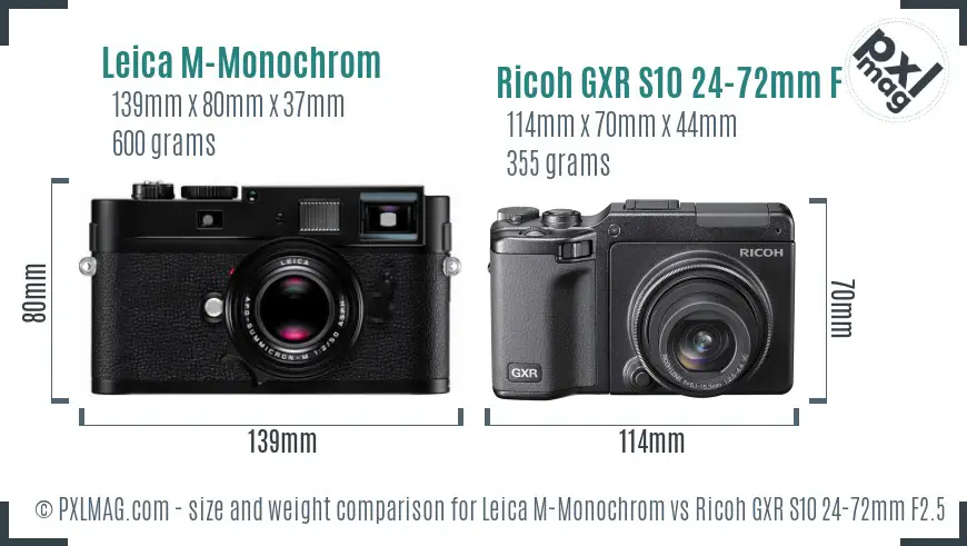 Leica M-Monochrom vs Ricoh GXR S10 24-72mm F2.5-4.4 VC size comparison