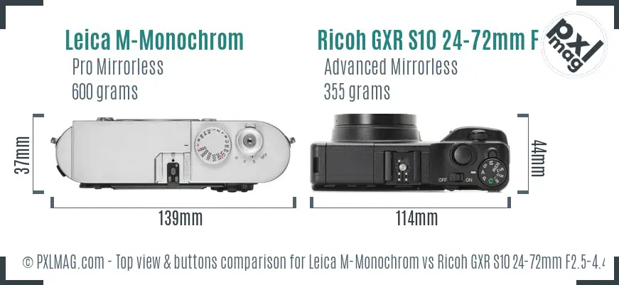 Leica M-Monochrom vs Ricoh GXR S10 24-72mm F2.5-4.4 VC top view buttons comparison