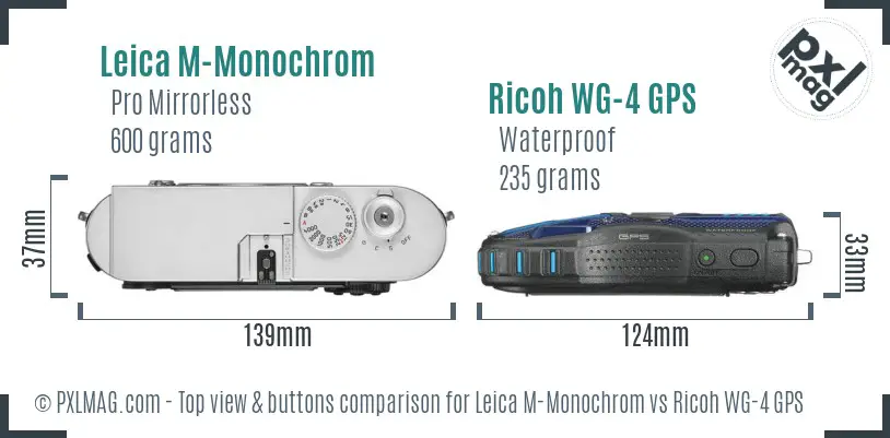 Leica M-Monochrom vs Ricoh WG-4 GPS top view buttons comparison