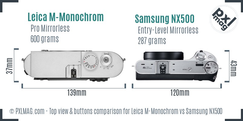 Leica M-Monochrom vs Samsung NX500 top view buttons comparison