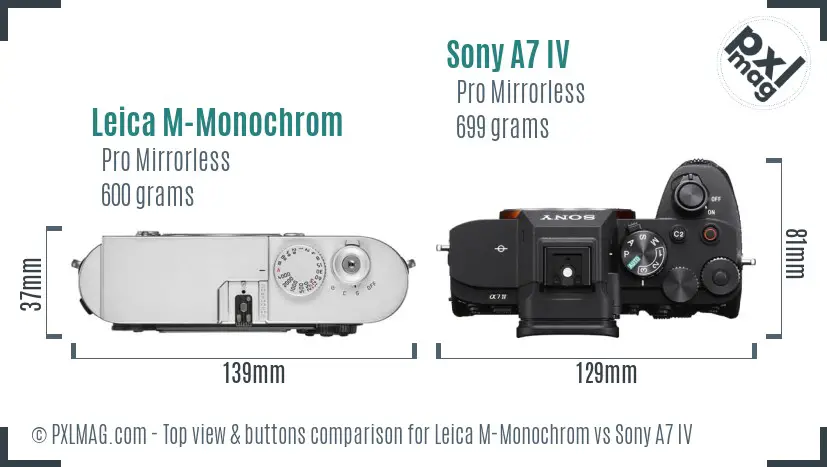Leica M-Monochrom vs Sony A7 IV top view buttons comparison