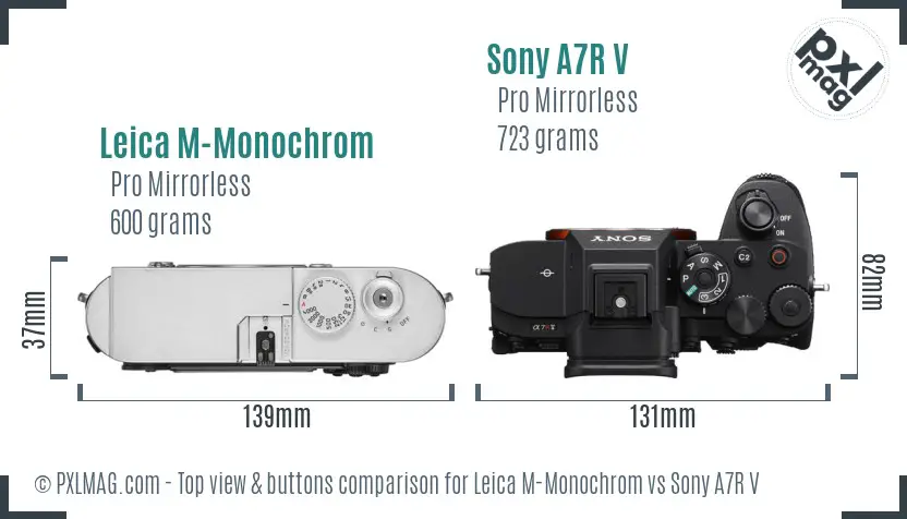 Leica M-Monochrom vs Sony A7R V top view buttons comparison