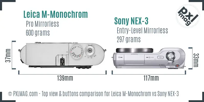 Leica M-Monochrom vs Sony NEX-3 top view buttons comparison