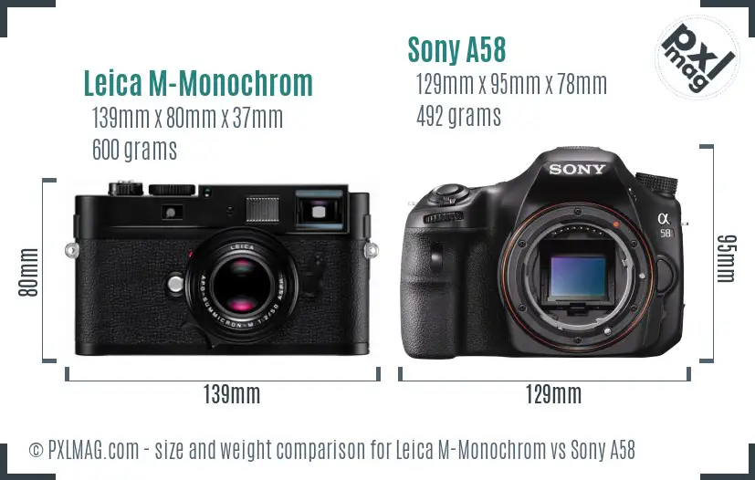 Leica M-Monochrom vs Sony A58 size comparison