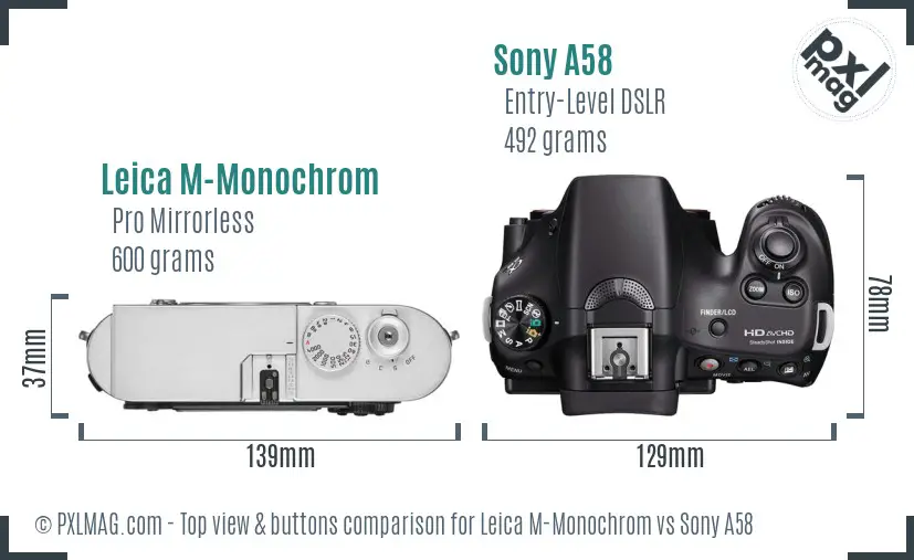 Leica M-Monochrom vs Sony A58 top view buttons comparison
