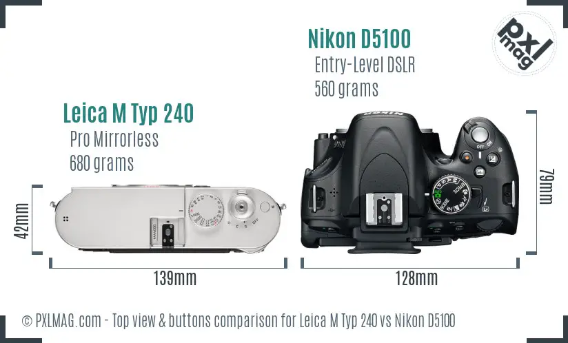 Leica M Typ 240 vs Nikon D5100 top view buttons comparison Leica M Typ 240 vs Nikon D5100 top view buttons comparison