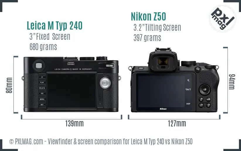 Leica M Typ 240 vs Nikon Z50 Screen and Viewfinder comparison