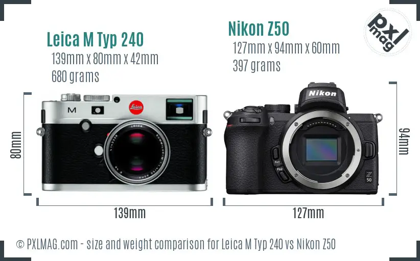 Leica M Typ 240 vs Nikon Z50 size comparison