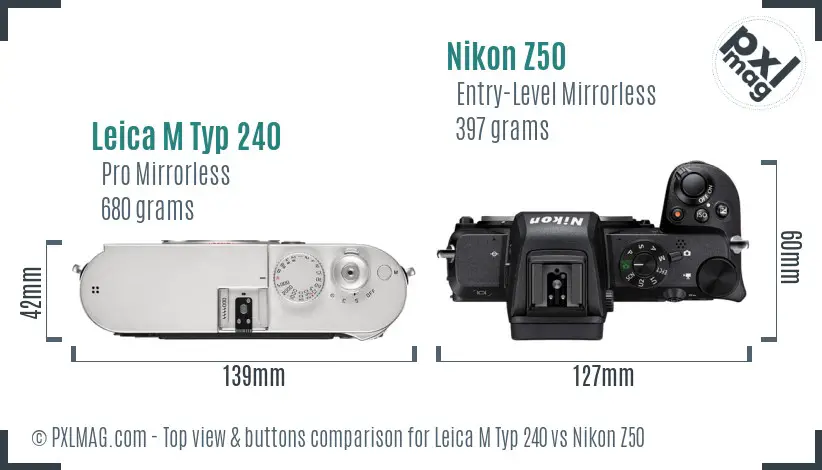 Leica M Typ 240 vs Nikon Z50 top view buttons comparison