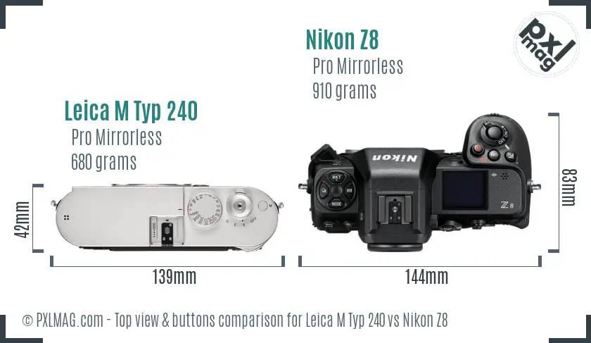 Leica M Typ 240 vs Nikon Z8 top view buttons comparison