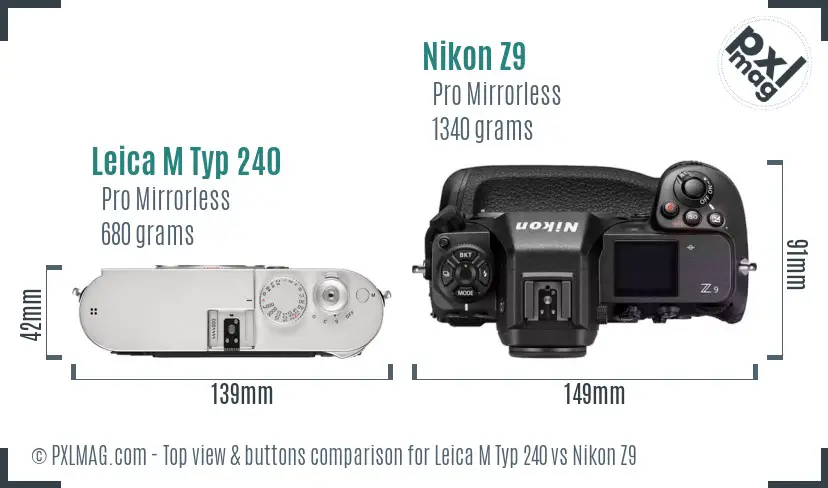Leica M Typ 240 vs Nikon Z9 top view buttons comparison