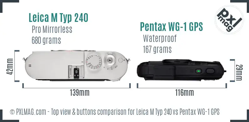 Leica M Typ 240 vs Pentax WG-1 GPS top view buttons comparison Leica M Typ 240 vs Pentax WG-1 GPS top view buttons comparison