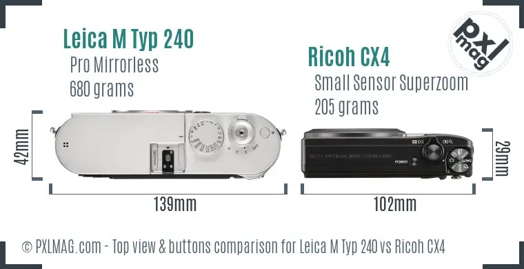 Leica M Typ 240 vs Ricoh CX4 top view buttons comparison Leica M Typ 240 vs Ricoh CX4 top view buttons comparison