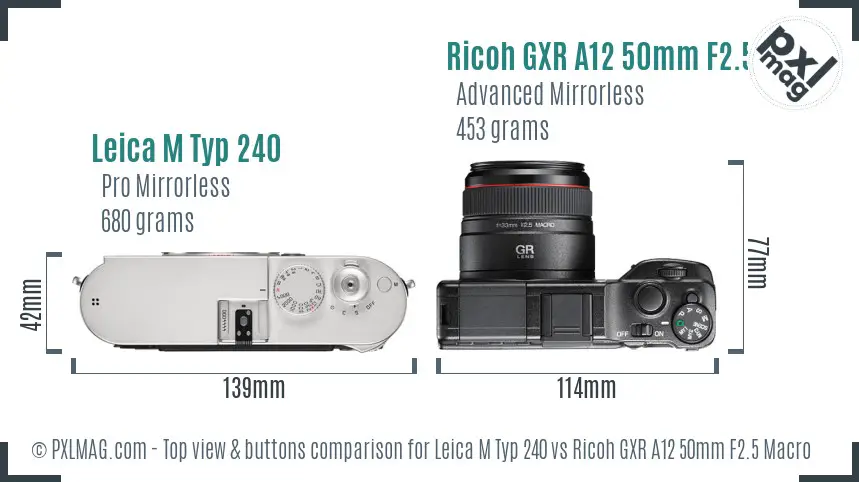 Leica M Typ 240 vs Ricoh GXR A12 50mm F2.5 Macro top view buttons comparison