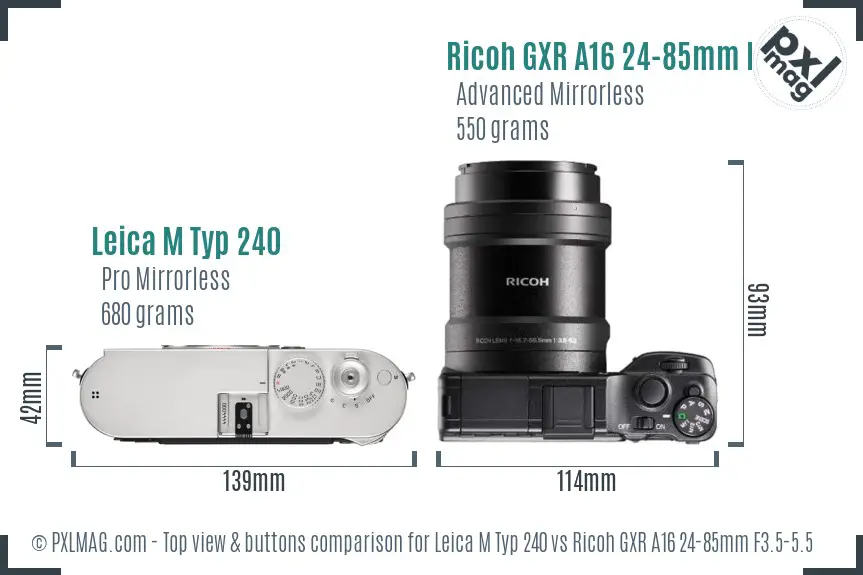Leica M Typ 240 vs Ricoh GXR A16 24-85mm F3.5-5.5 top view buttons comparison