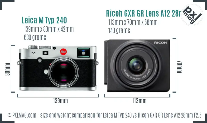 Leica M Typ 240 vs Ricoh GXR GR Lens A12 28mm F2.5 size comparison