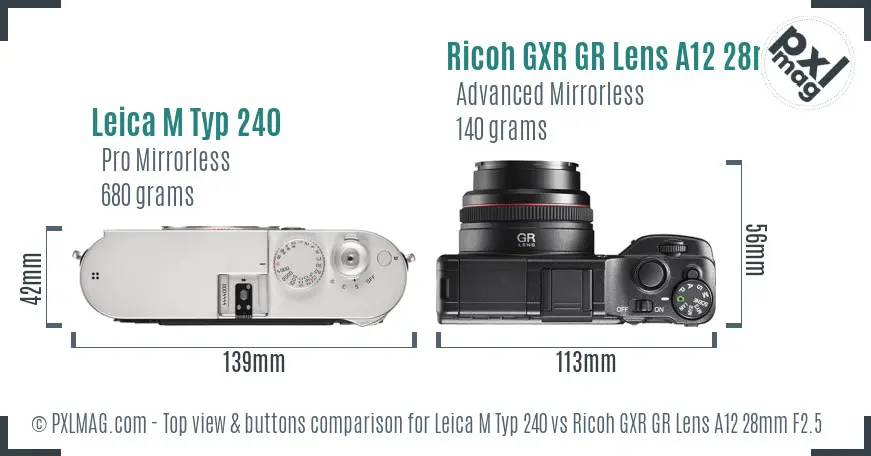 Leica M Typ 240 vs Ricoh GXR GR Lens A12 28mm F2.5 top view buttons comparison