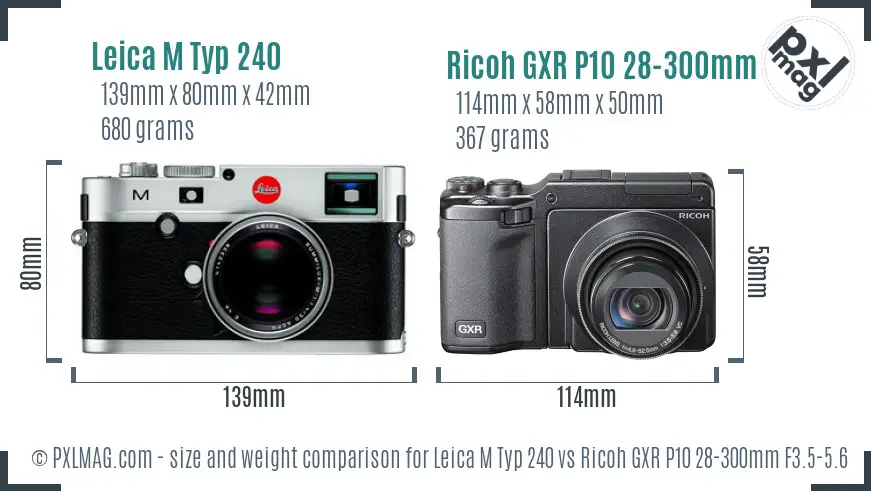 Leica M Typ 240 vs Ricoh GXR P10 28-300mm F3.5-5.6 VC size comparison