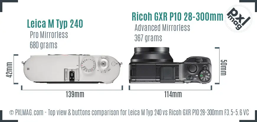 Leica M Typ 240 vs Ricoh GXR P10 28-300mm F3.5-5.6 VC top view buttons comparison