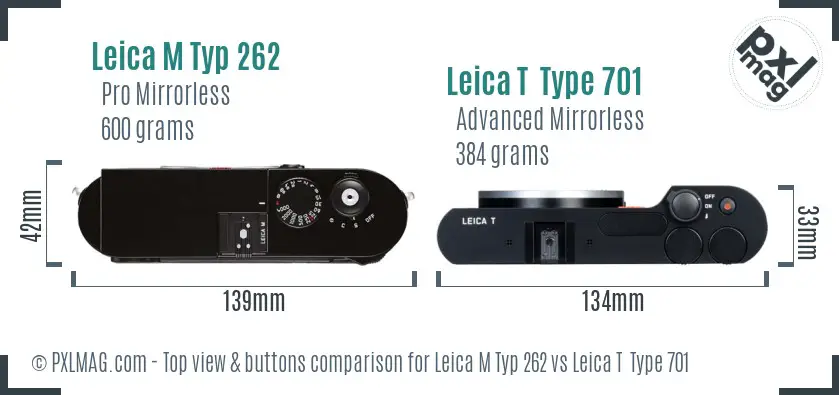 Leica M Typ 262 vs Leica T  Type 701 top view buttons comparison